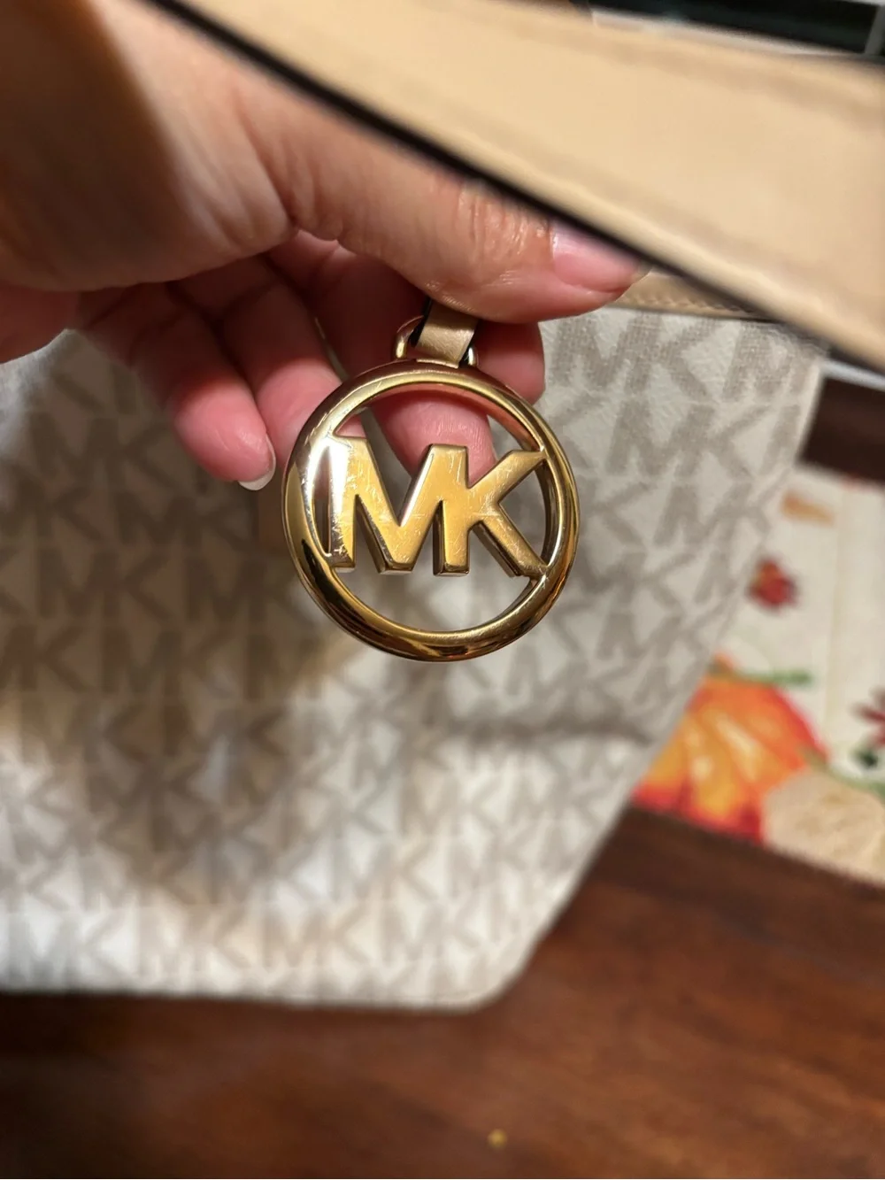 Michael Kors Cream and Tan Signature MK Tote with Gold Charm